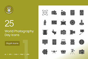 25 World Photography Day Glyph Icons, an Icon by IconBunny