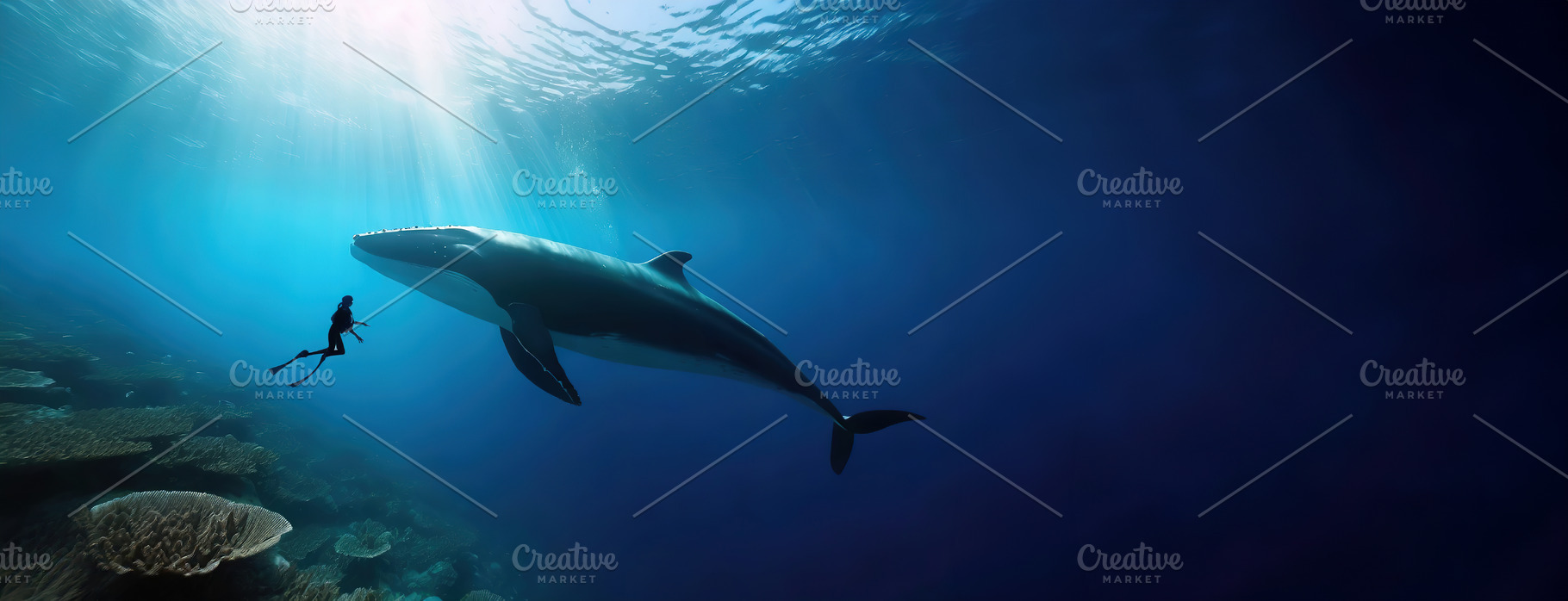 Swimmer diving underwater near a gigantic whale, a Nature Photo by Igor Tichonow