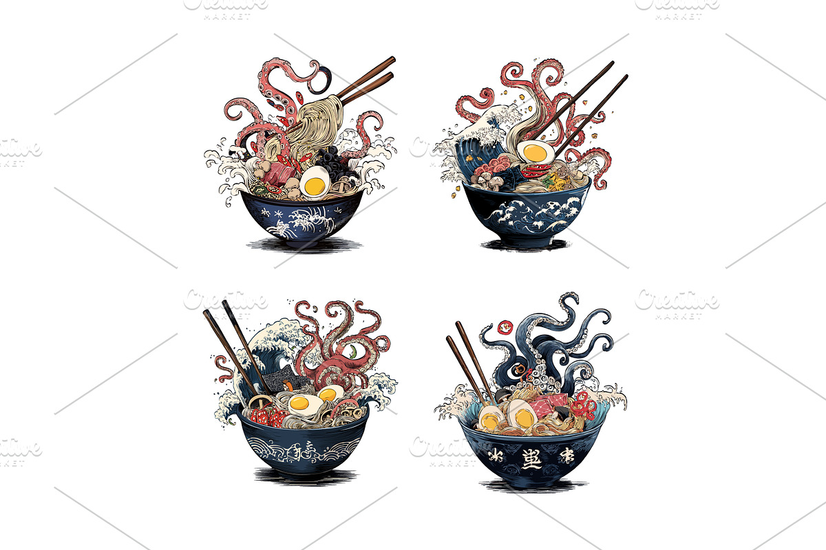 Ramen bowl with octopus cartoon, a Food Illustration by Onyx