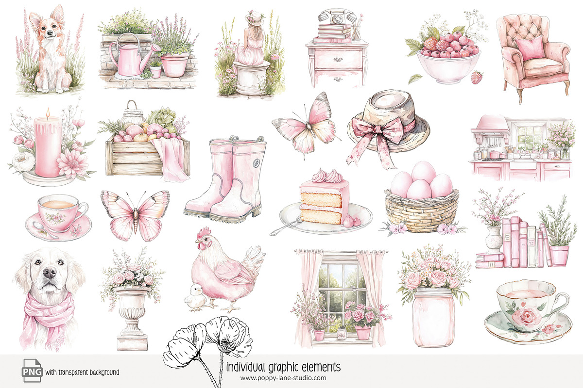 80 pink cottage clip art, a Seasonal Illustration by Poppy Lane Studio (Photo 7 of 8)