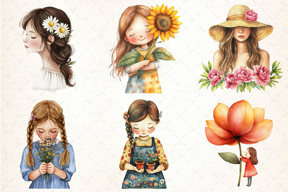 Cute Girl with Flowers Clipart, an Illustration by DreamCafeArt (Photo 3 of 8)