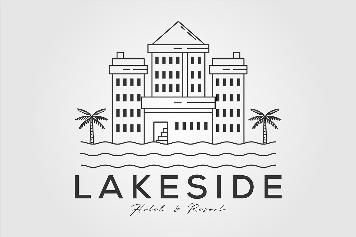 lakeside hotel and resort line art, a Graphic by Rizkaarishandy_shop (Photo 1 of 2)