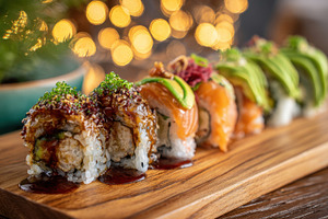 Sushi rolls on a wood board, a Photo by Beautiful things