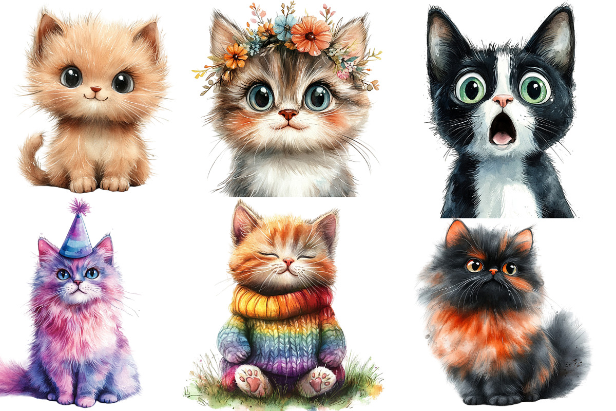 Watercolor Whimsical Cat Clipart, an Illustration by Designworld (Photo 4 of 6)