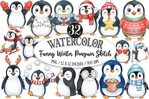 Funny Winter Penguin Sketch Art, an Illustration by Designking