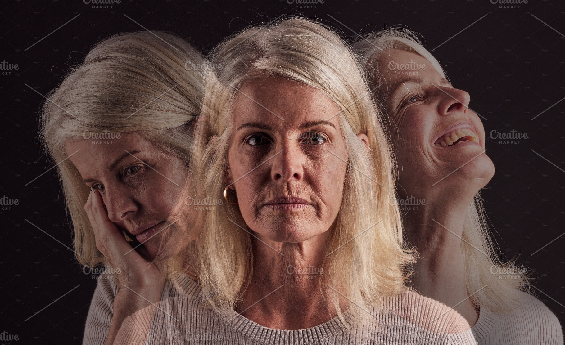 Senior woman, bipolar or mental health for depression, psychology or mood swings. Mature female, depressed or schizophrenia with identity crisis, trauma anxiety or problem with portrait, sad or smile, a Photo by Peopleimages.com