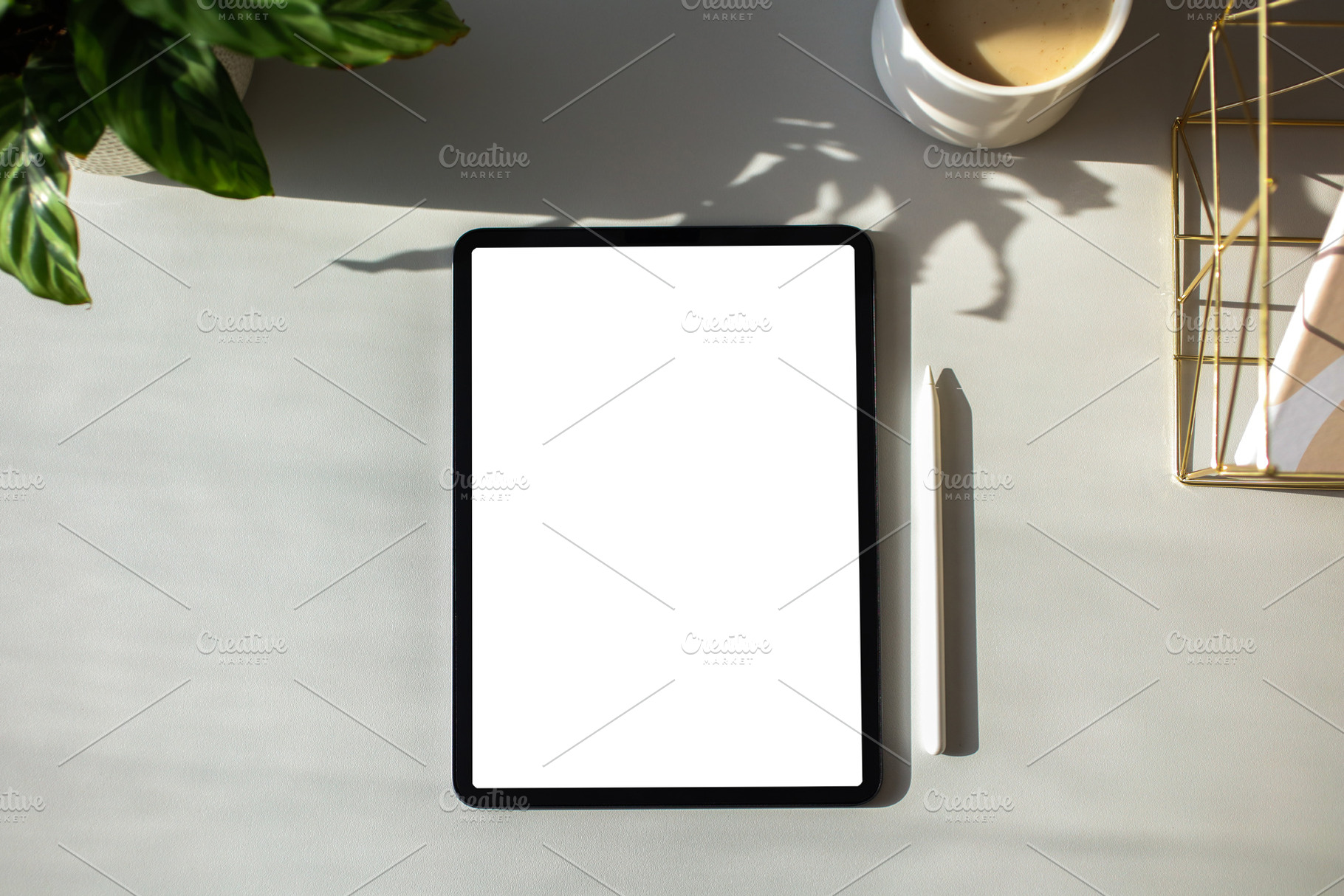 Digital tablet with blank screen mockup, pen, cup of coffee, plant on home offi, a Business Photo by photoguns