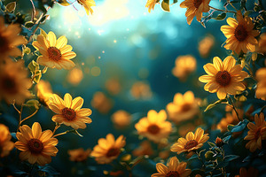 Bright yellow flowers glowing in soft magical light with dreamy, a Nature Photo by José Manuel Gelpi