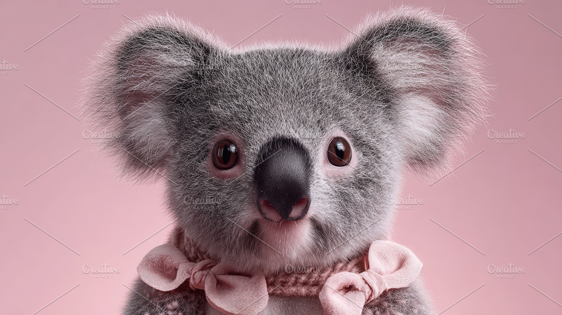 Adorable koala with fluffy fur and big eyes, wearing a pink ribb, an Abstract Photo by Ales Munt