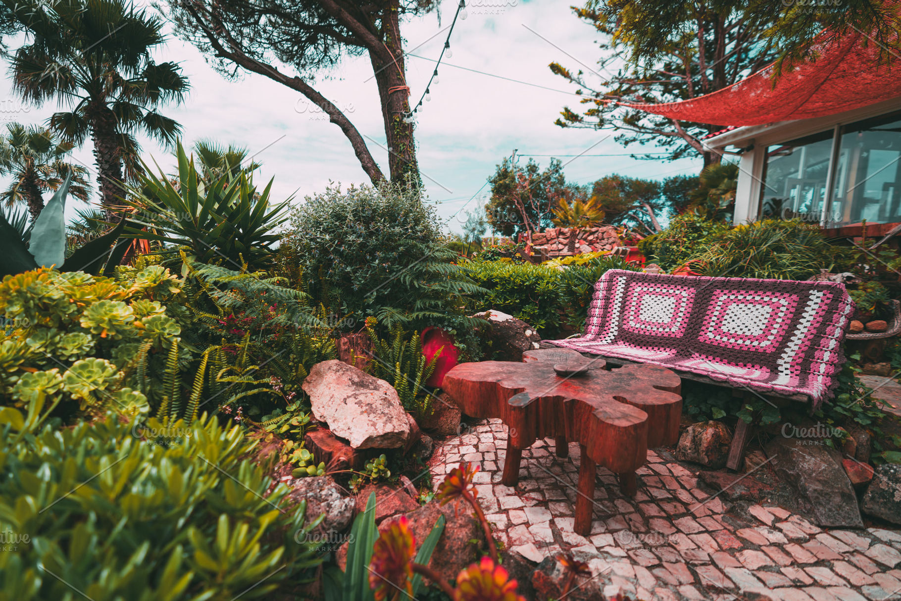 Cozy bench in tropical garden, a Sports & Recreation Photo by SkyNext