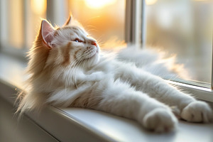 A peaceful ginger cat lounging by the window, basking in the warm golden light, an Animal Photo by ImageMir