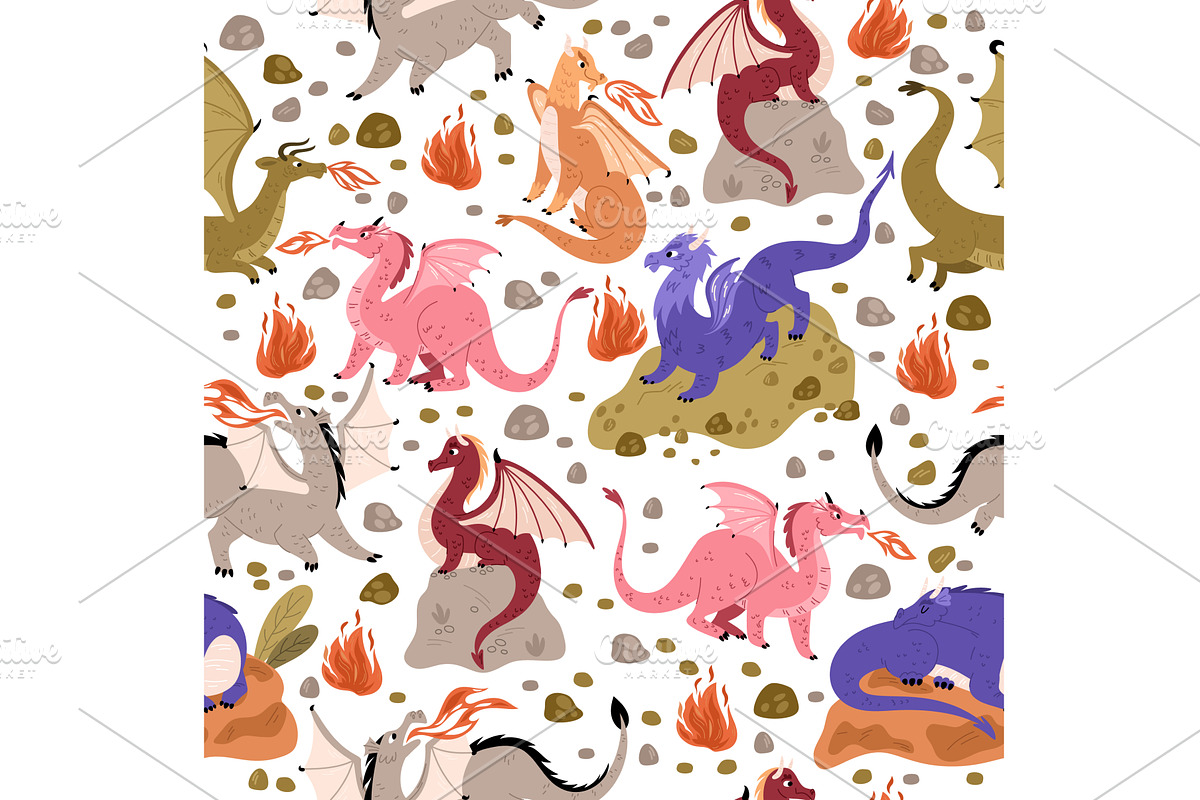 Evil dragons breathe fire seamless, an Animal Illustration by Vectorbuum