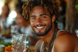 Smiling young man holding a glass of, a Photo by Tanuart