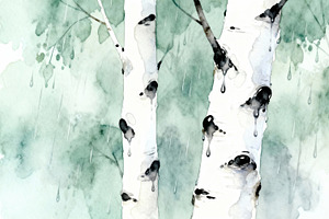 Birch Trees in a Rain Wallpaper, a Decorative Illustration by Virgo Studio