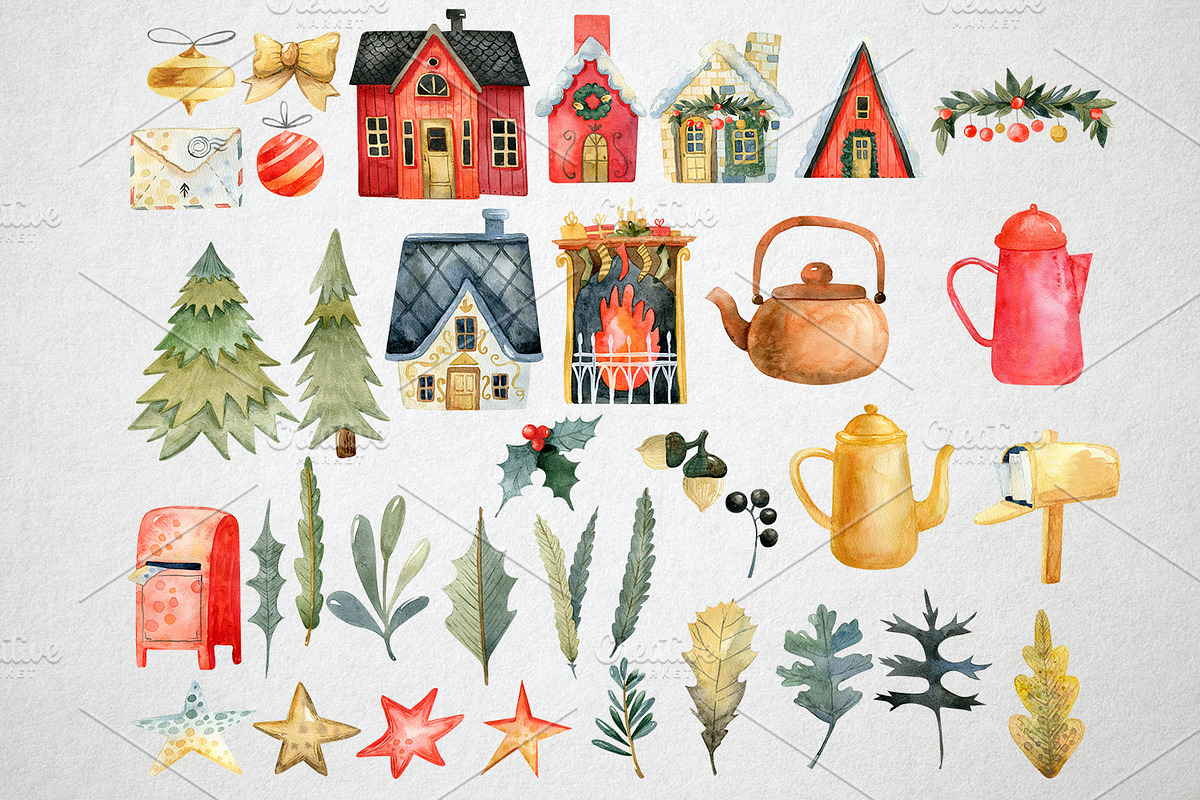 Watercolor Christmas Houses, an Illustration by annasokol_ (Photo 3 of 9)