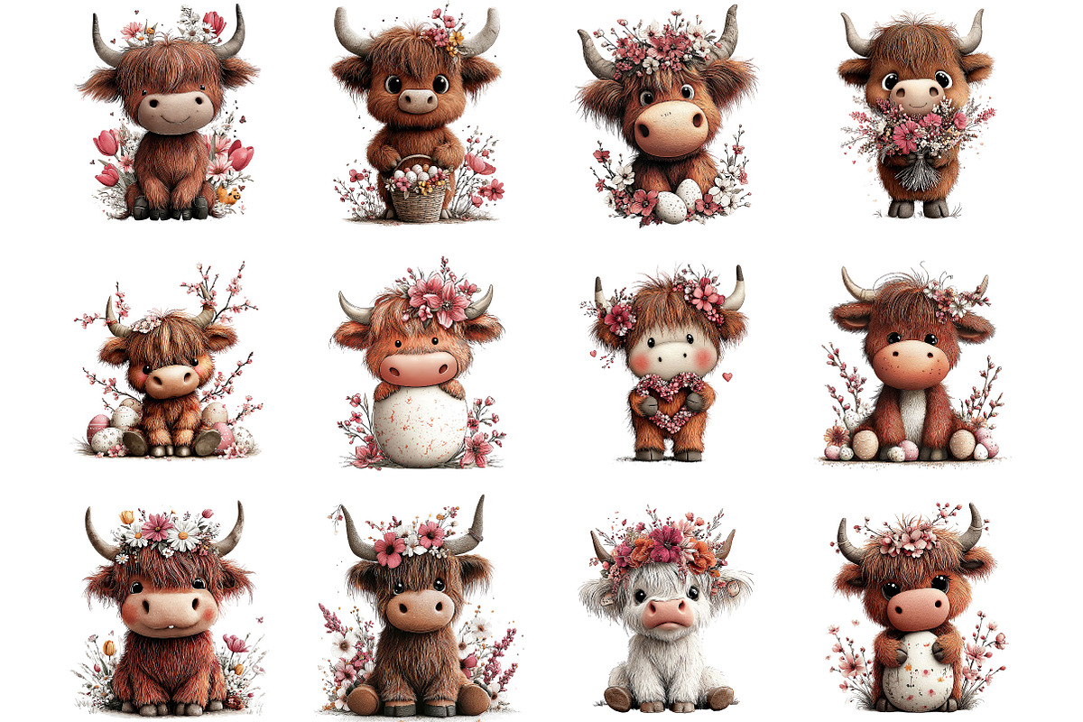 Highland Cow Easter Floral Clipart, an Illustration by Designking (Photo 3 of 5)