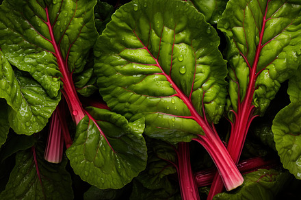 Fresh rhubarb leaves with vibrant green color and red stems, glistening with wa, a Food & Drink Photo by Textures & Backgrounds