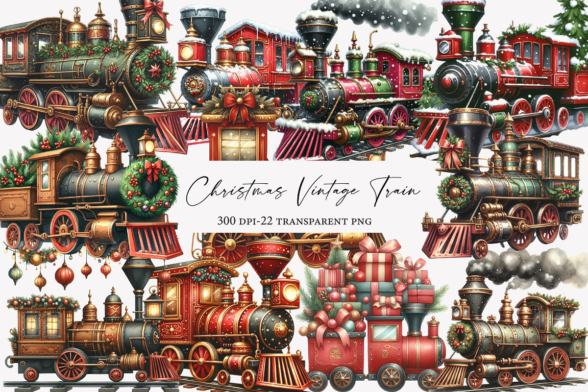 Christmas Vintage Train Clipart, an Illustration by Designworld (Photo 1 of 6)