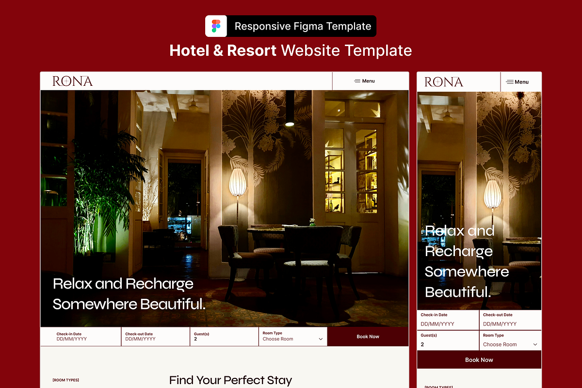 Hotel & Resort Figma Template, an UI Kit Template by Rozepaars Design (Photo 1 of 7)