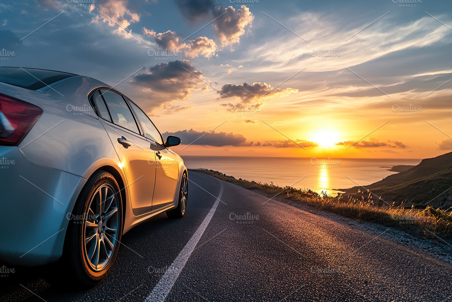 Driving on a scenic coastal highway at sunset with vibrant sky and calm sea, a Transportation Photo by AlyaAnd