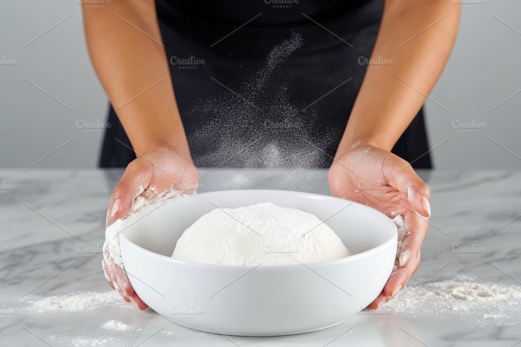 Hands of a female baker working with flour in a bright kitchen, a Food & Drink Photo by AlyaAnd