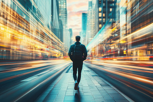 A person walking alone on a city street, surrounded by tall buildings and vibra, a Person Photo by Textures & Backgrounds