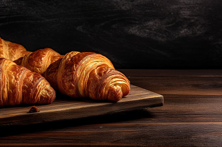 Fresh delicious croissants on wooden table. Generative AI, a Food & Drink Photo by AlyaAnd