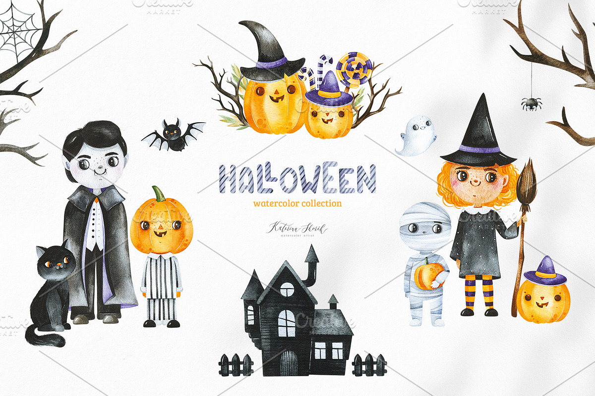 Halloween.Cute watercolor collection, a Decorative Illustration by Kate_Rina (Photo 2 of 11)