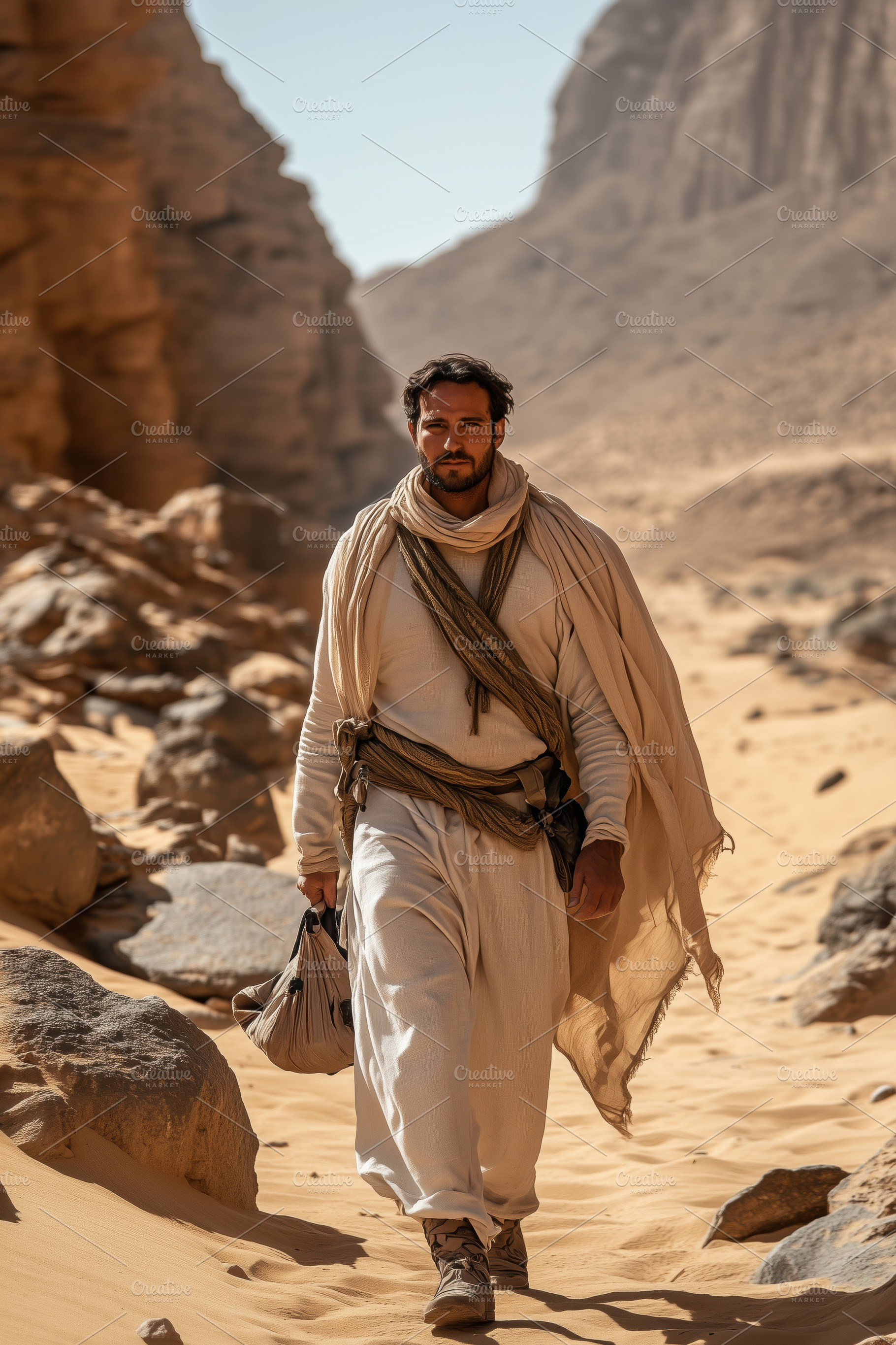 A man Egyptologist dressed in traditional desert attire walks through a sandy l, a Person Photo by Textures & Backgrounds