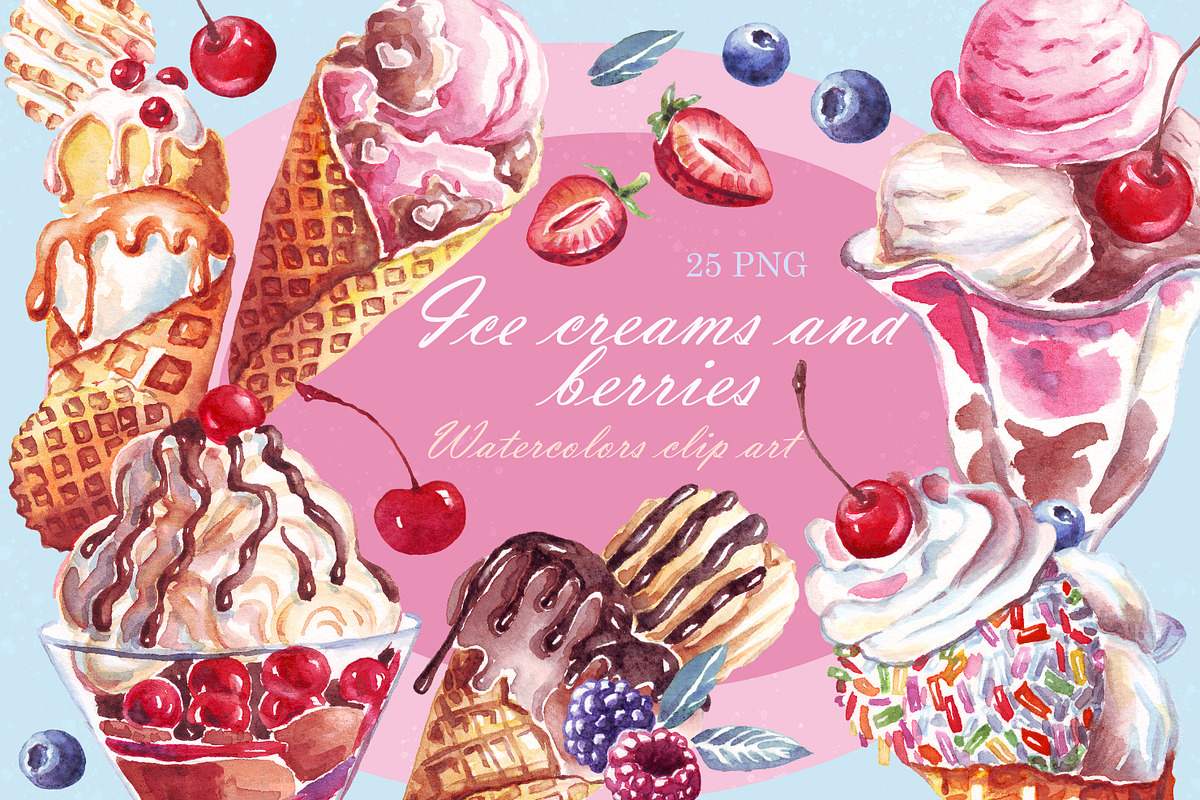 Watercolor ice creams, berries, PNG, a Food Illustration by Alena Kurian (Photo 1 of 2)