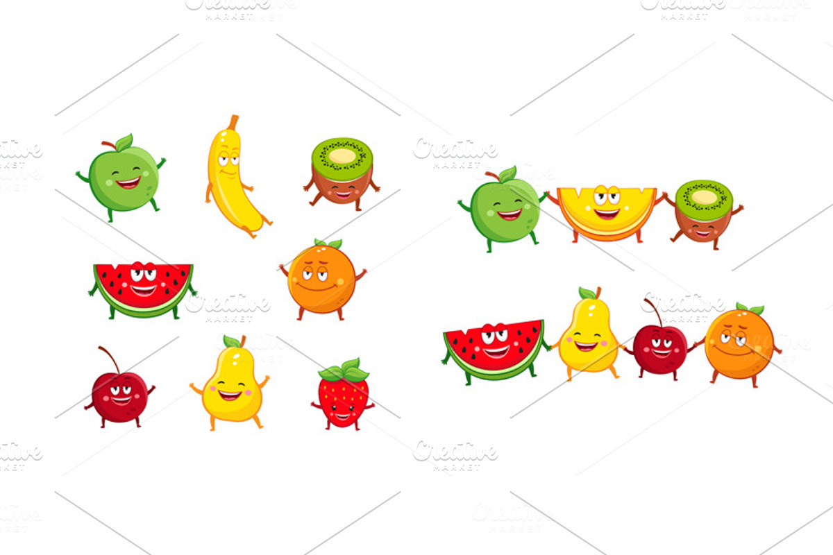 Funny fruits characters cartoon set, a Food Illustration by Teneresa