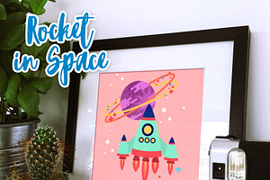 Rocket In Space Print, a Technology Illustration by Cozy Cat Design