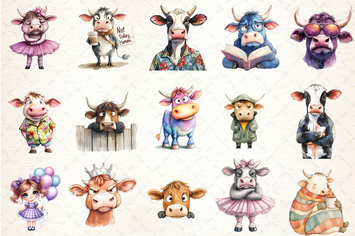 Funny Grumpy Cow Clipart Bundle, an Illustration by Rose Art (Photo 2 of 4)