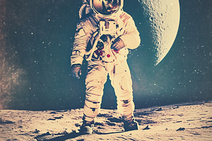 An astronaut standing on the moon's surface, with a large moon in the backgroun, an Arts & Entertainment Photo by Textures & Backgrounds
