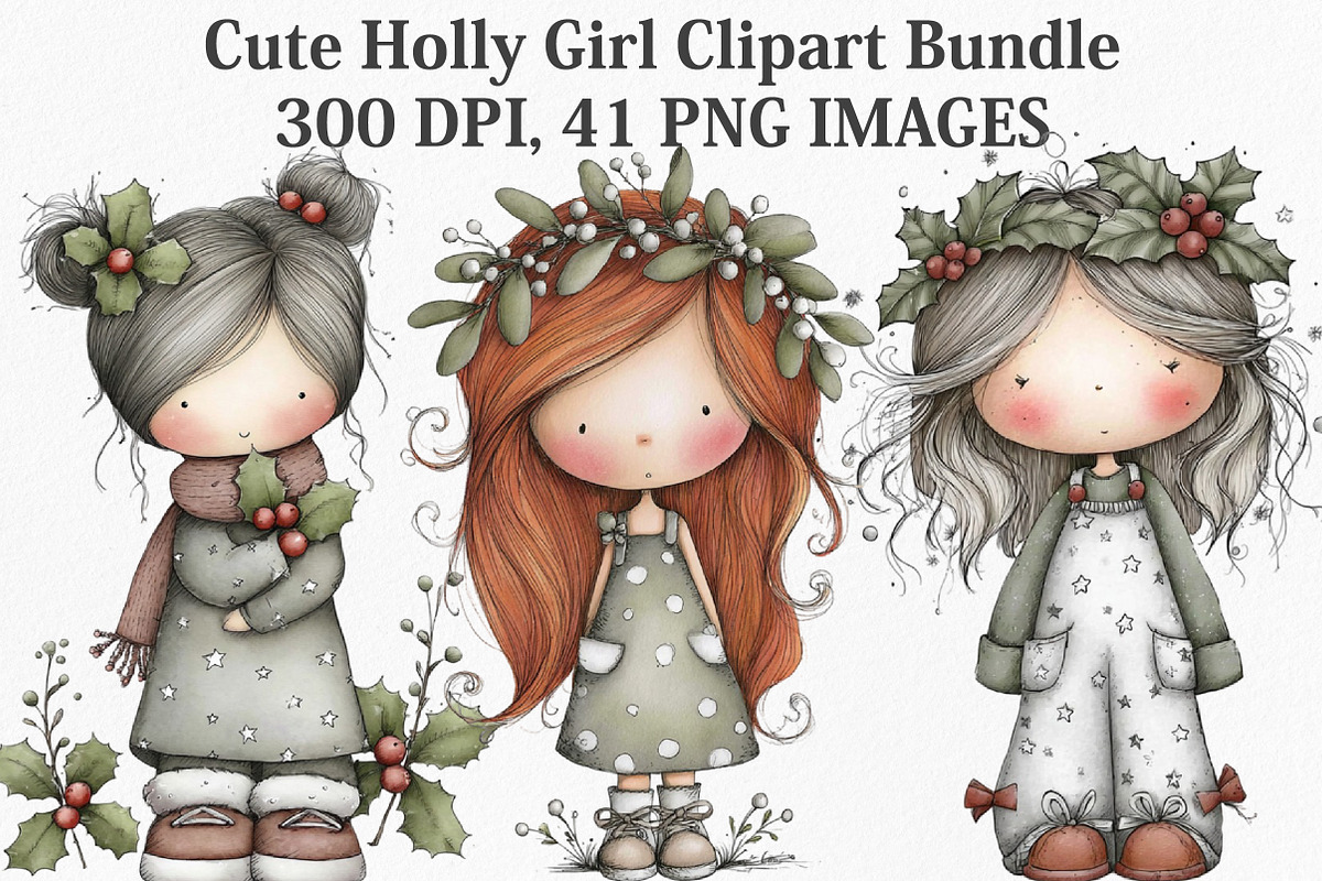 Cute Holly Girl Clipart Bundle, an Illustration by Canvas Craft (Photo 1 of 7)