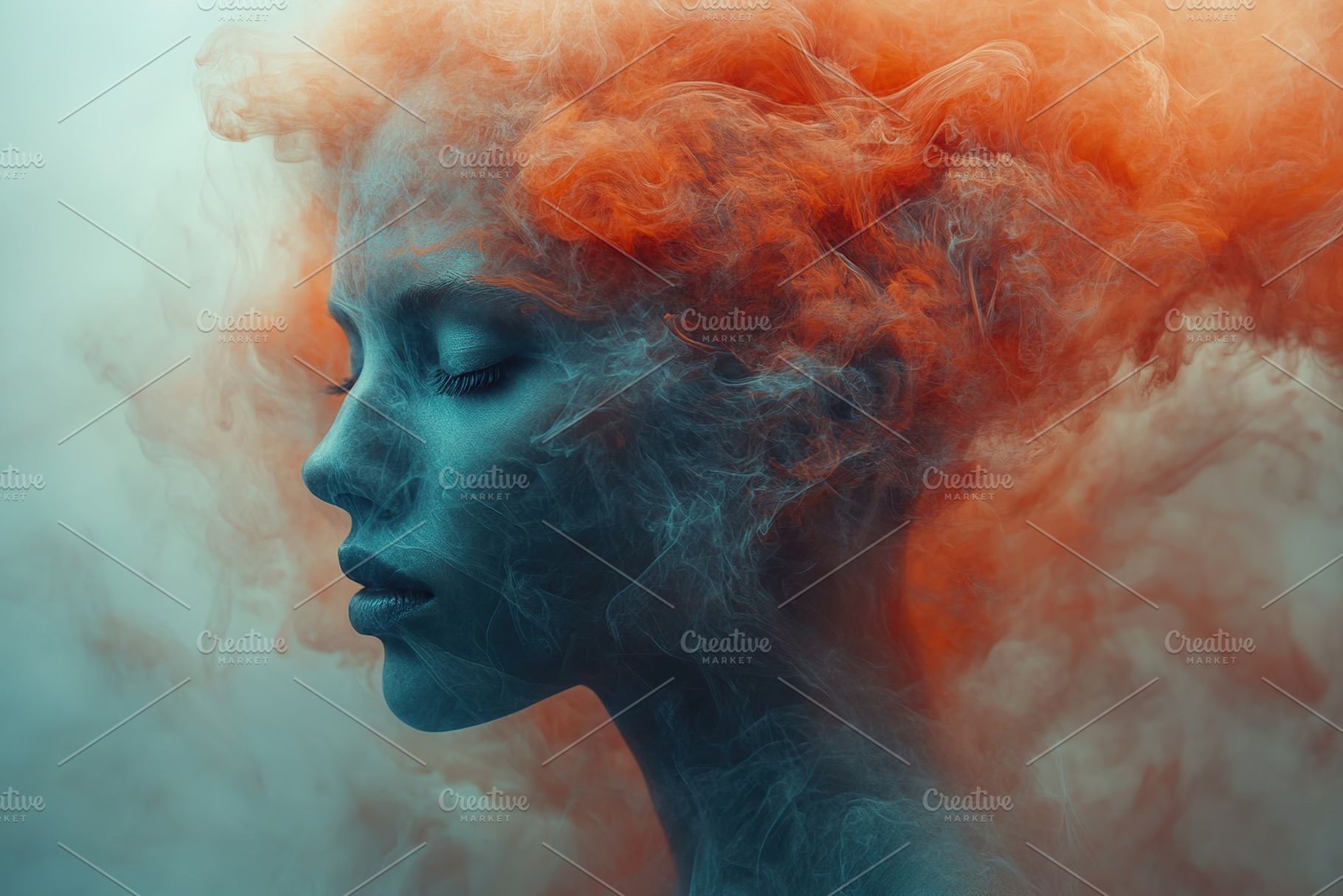 Woman's profile shrouded in blue and orange smoke showcasing artistic expressio, a Beauty & Fashion Photo by AlyaAnd