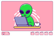 Cute Alien Working On Laptop Cartoon, a Work Illustration by Artstorystudio (Thumbnail 1 of 3)