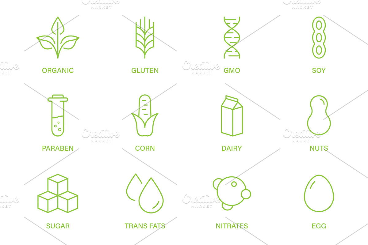 GMO, Dairy, Sugar, Gluten, Nuts, a Food Illustration by Vector Creator