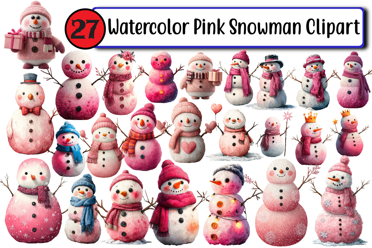 Watercolor Pink Snowman Clipart, an Illustration by Design Market (Photo 1 of 3)