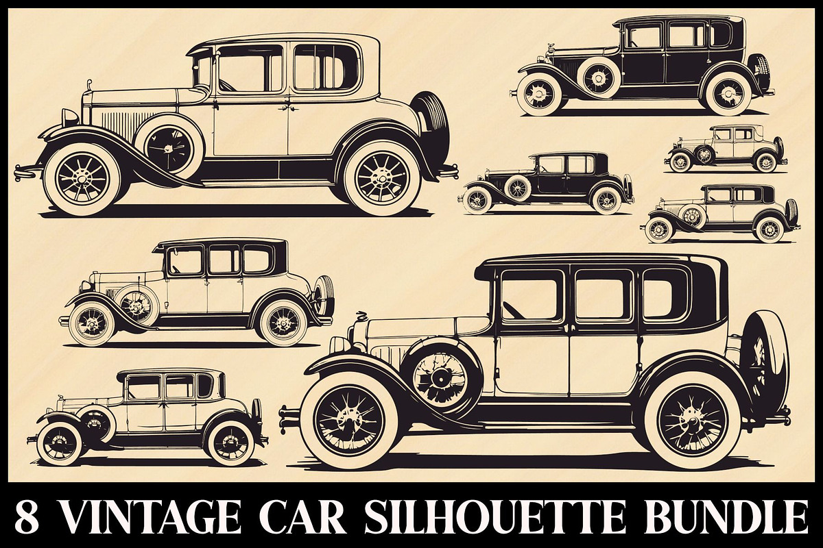 8 Vintage Car Silhouette Bundle, an Illustration by Creativeshirt (Photo 1 of 9)