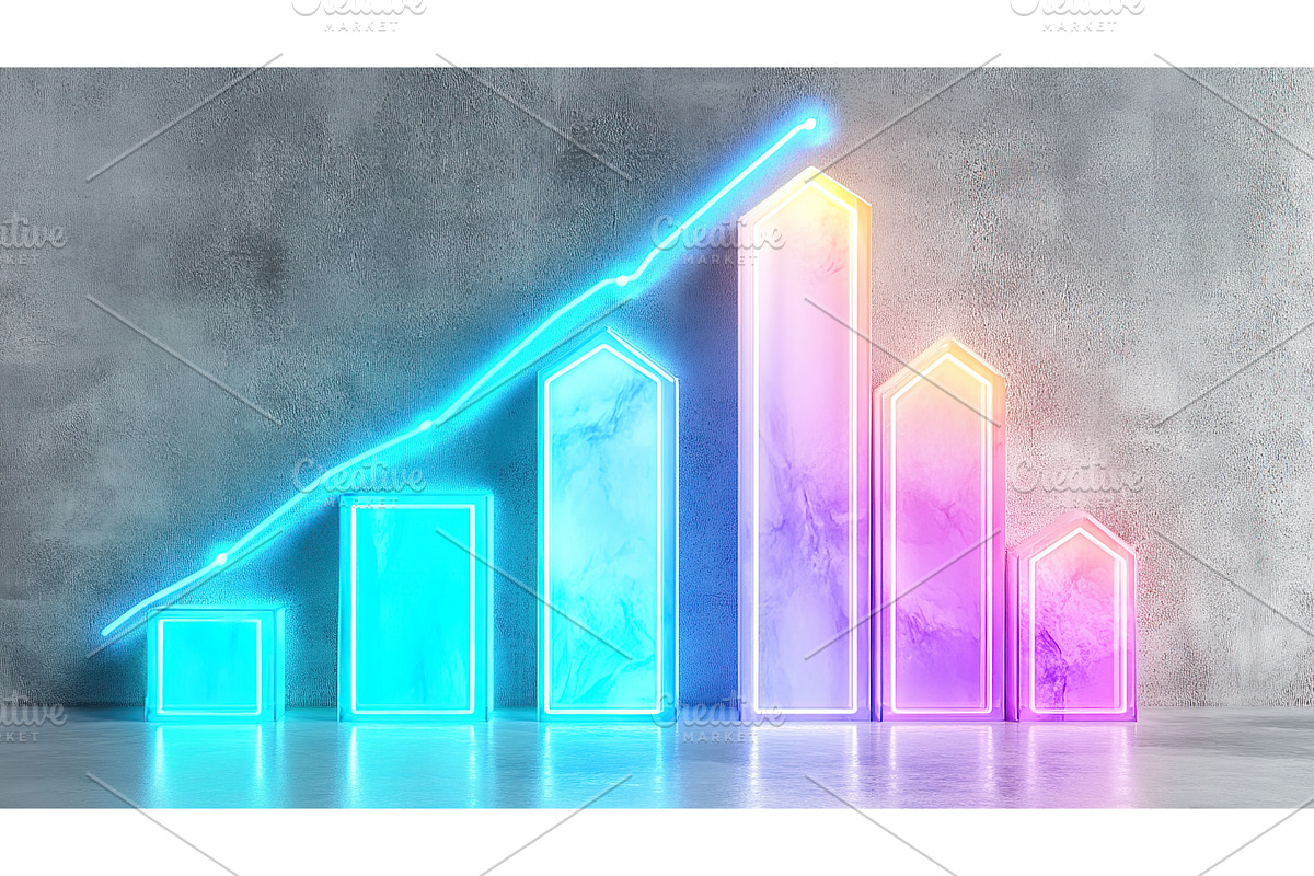 Glowing neon bar graph on concrete, an Illustration by Lermont51
