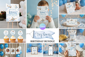 Airplane First Birthday Party Bundle, a Templates & Theme by VeliusCreativeStudio