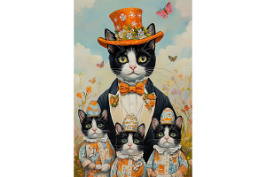Cat Family Floral Suits Spring Art, an Animal Illustration by Art Paradise Studios