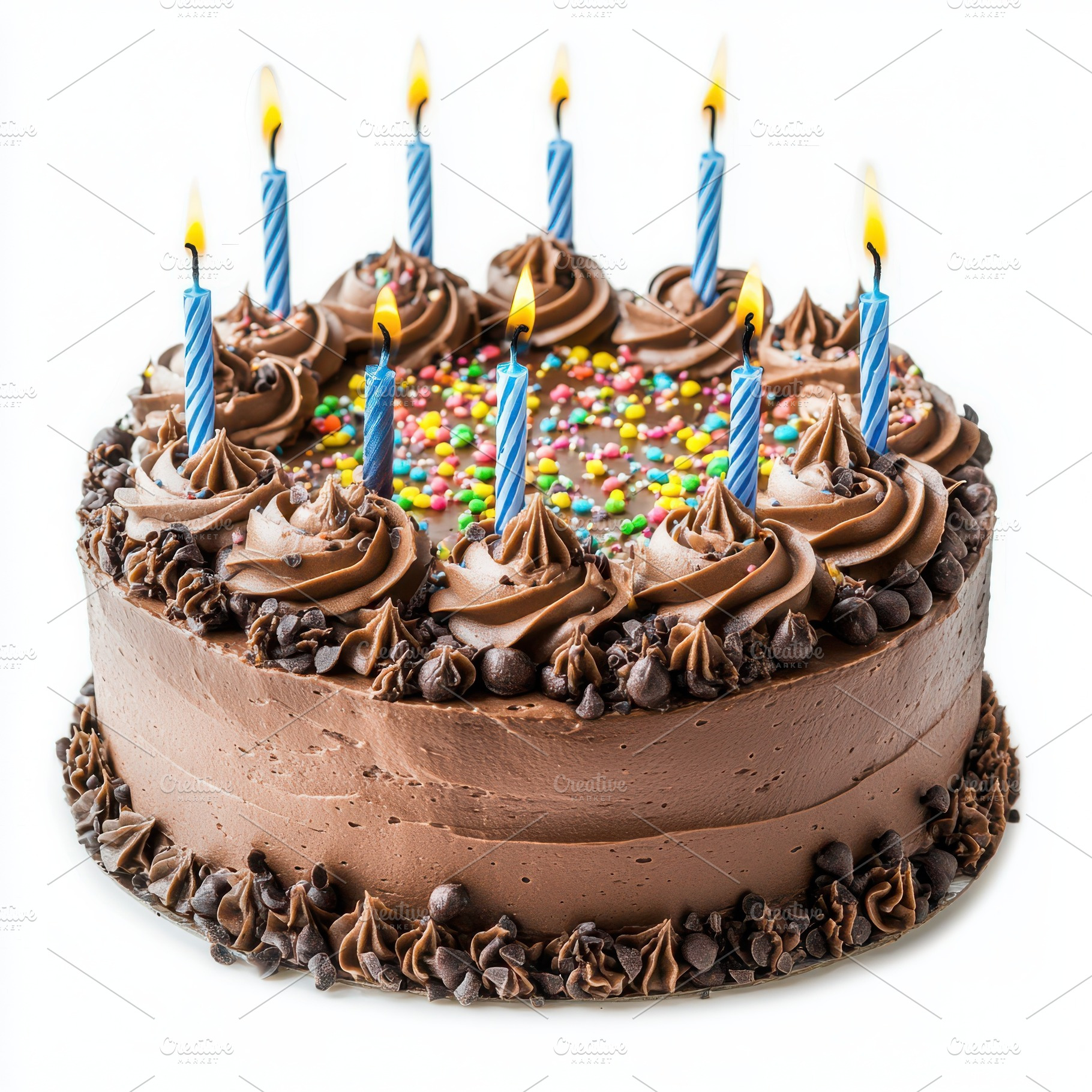 A chocolate birthday cake with candl, a Food & Drink Photo by Pixeness Studio