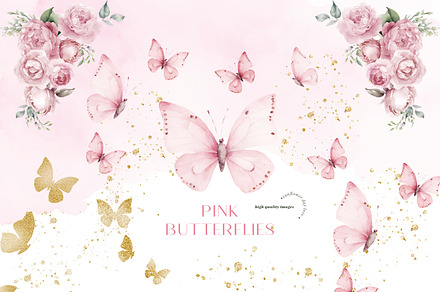Pink Gold Butterflies Roses Clipart, an Illustration by Sunflower Day Love