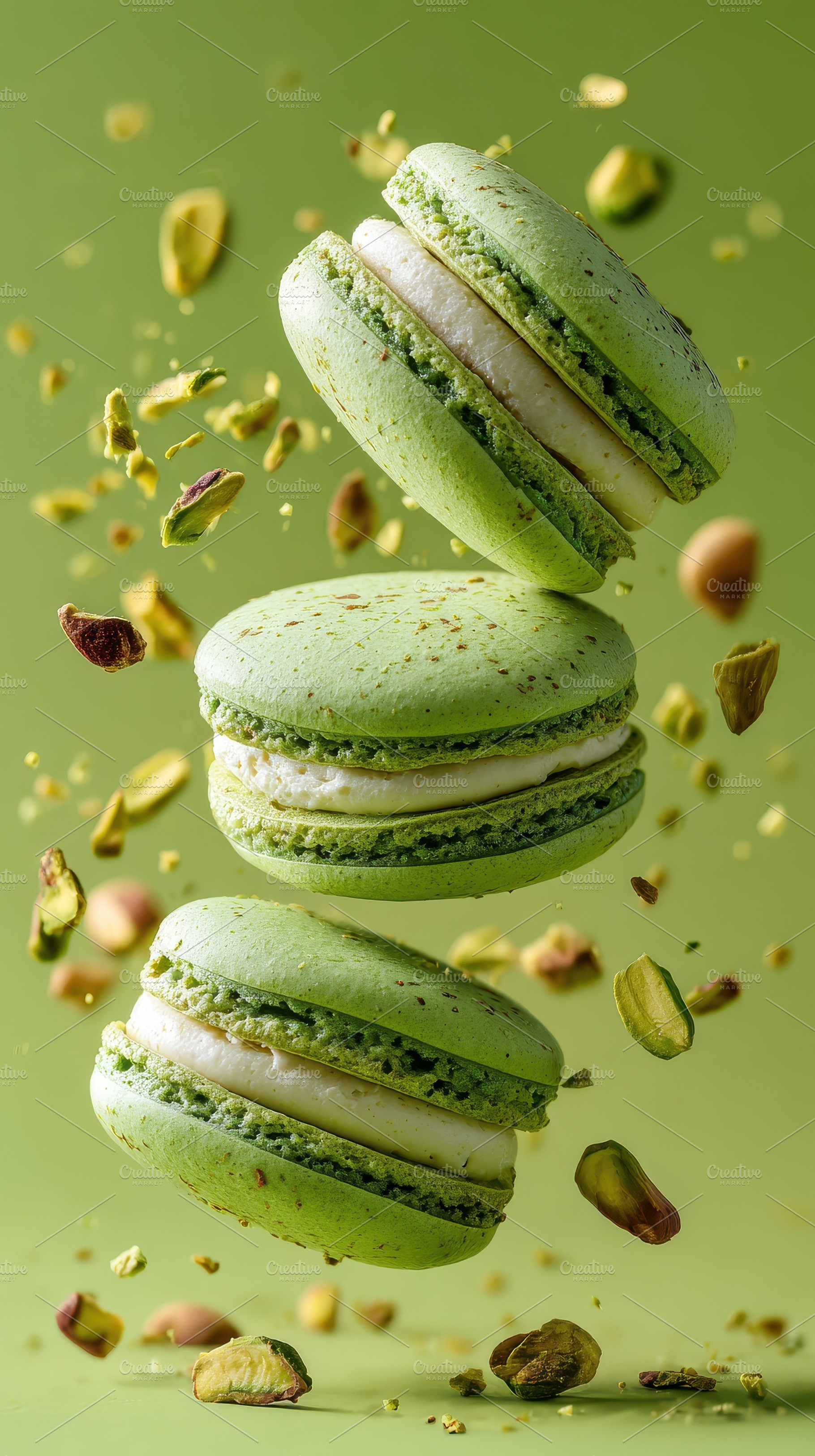 Pistachio Macarons Falling Green Bac, a Photo by Pixeness Studio