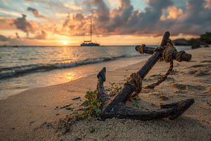 Sunset Beach Anchor Sailboat Tranqui, a Photo by Pixeness Studio