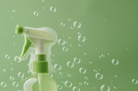 Spray bottle with green liquid and foam on green background, a Photo by Dvoevnore photos