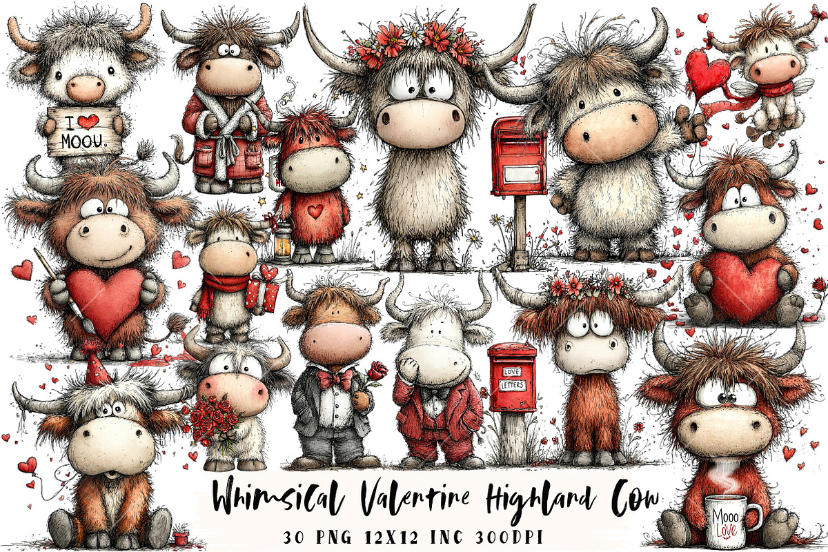 Whimsical Valentine Highland Cow Cli, an Illustration by OK Design (Photo 1 of 6)