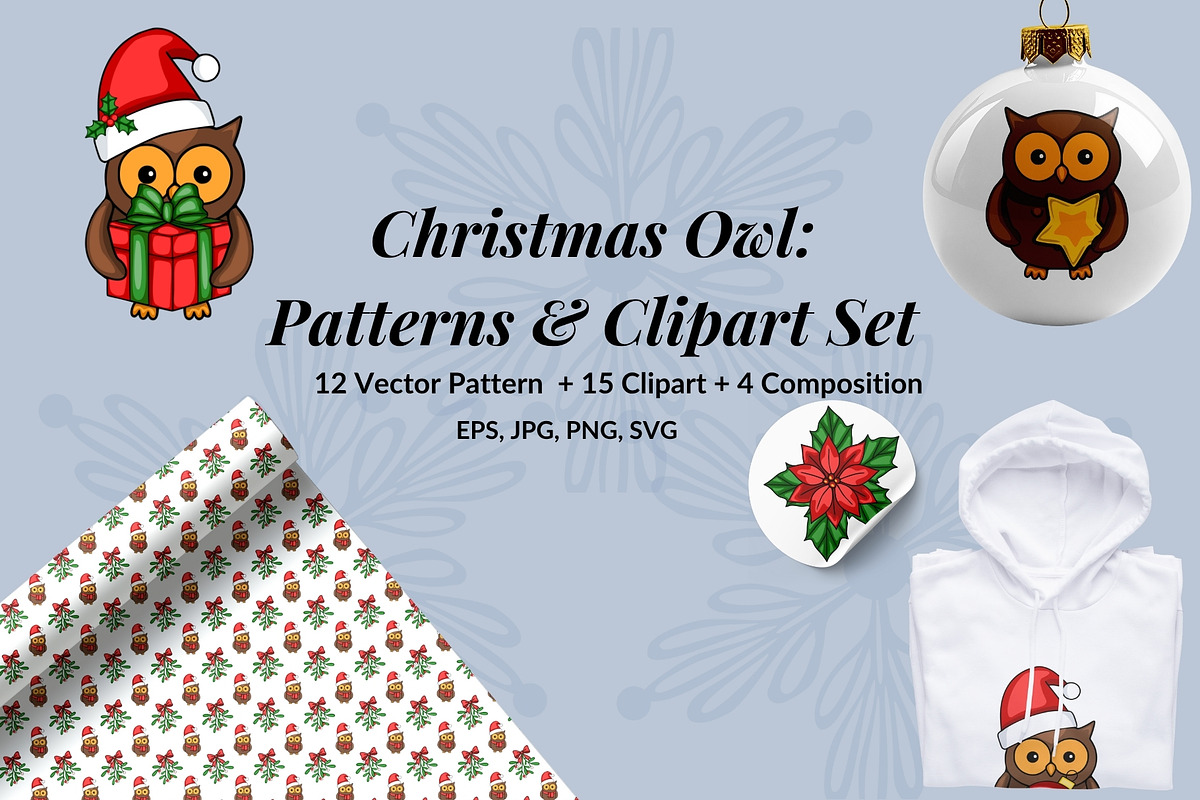 Christmas Owl: Patterns & Clipart, a Seasonal Illustration by Elatedowl (Photo 1 of 16)